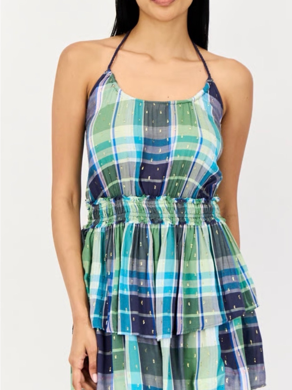 aerie Blue & Green Plaid Halter Tiered Dress